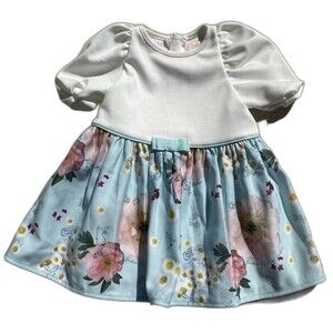 NWOT Ted Baker Dress Baby Girl Puff Sleeves Floral Cream Blue Size 3-6 Months